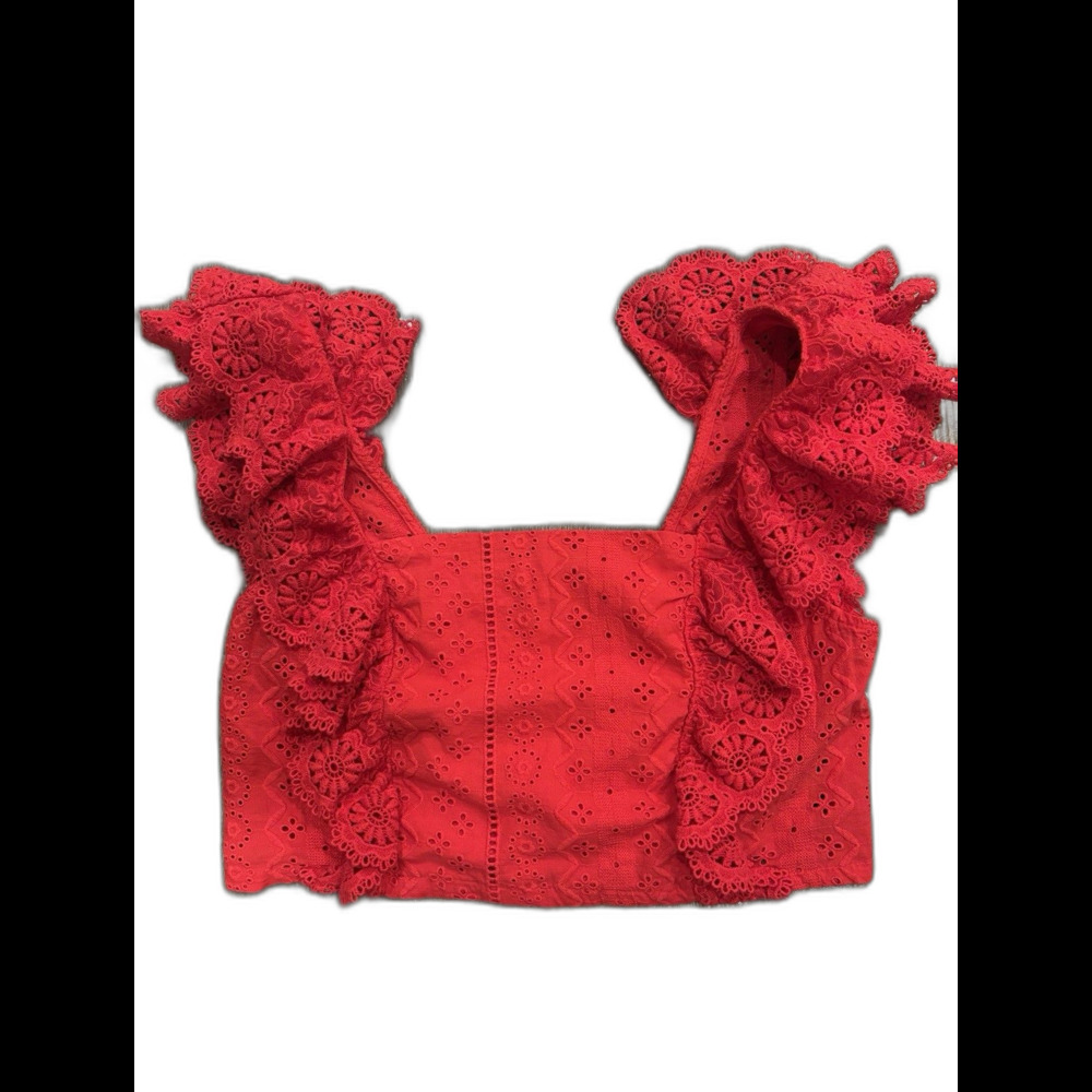 Altar’d State Coral Red Eyelet Ruffle Crop‎ Top Size Med Summer Feminine Cowgirl